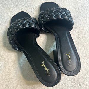 Black Leather Woven Slip-on Heels